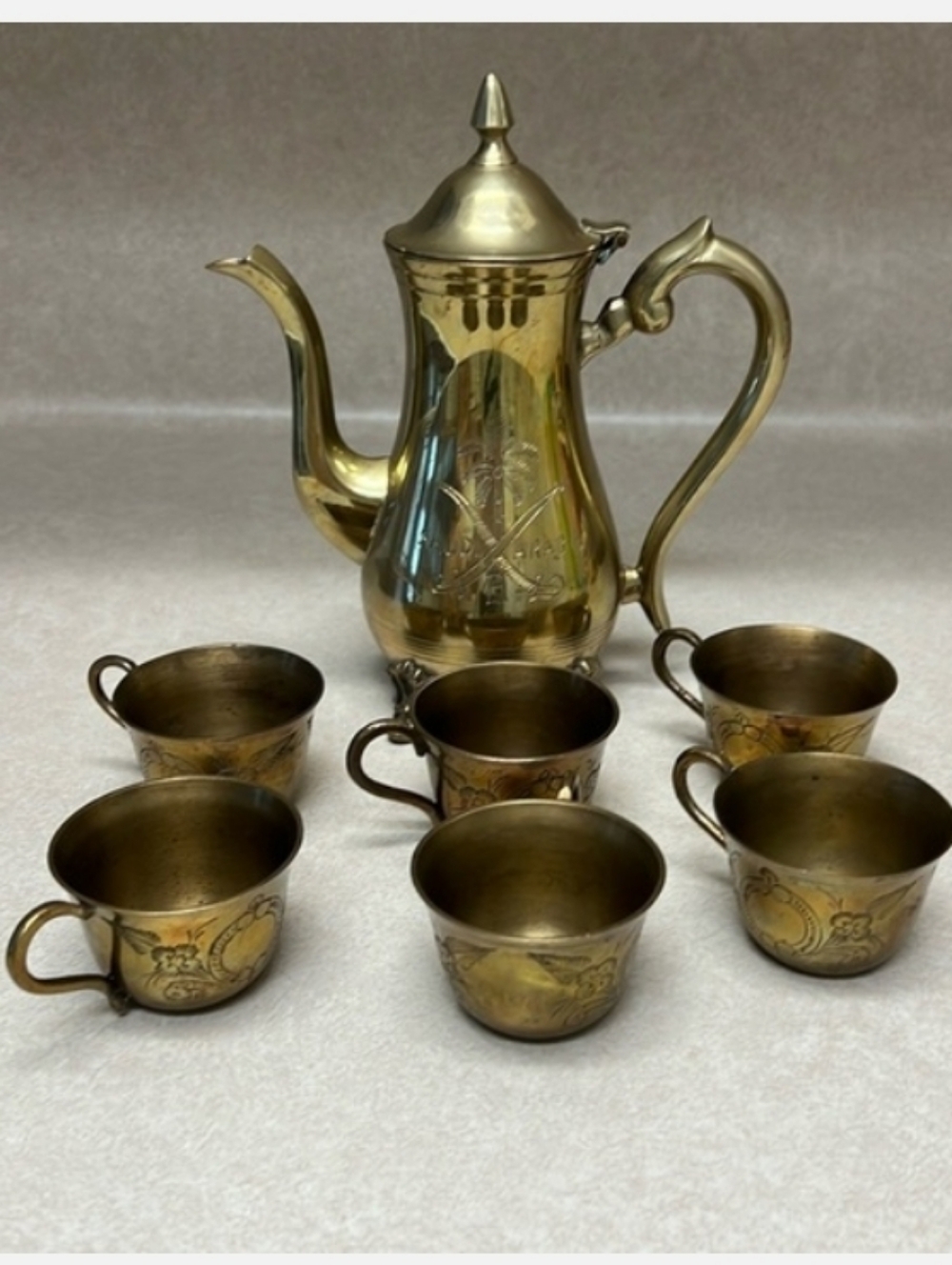 Brass Coffee/Tea Pot with Six Matching Cups from Saudi Arabia